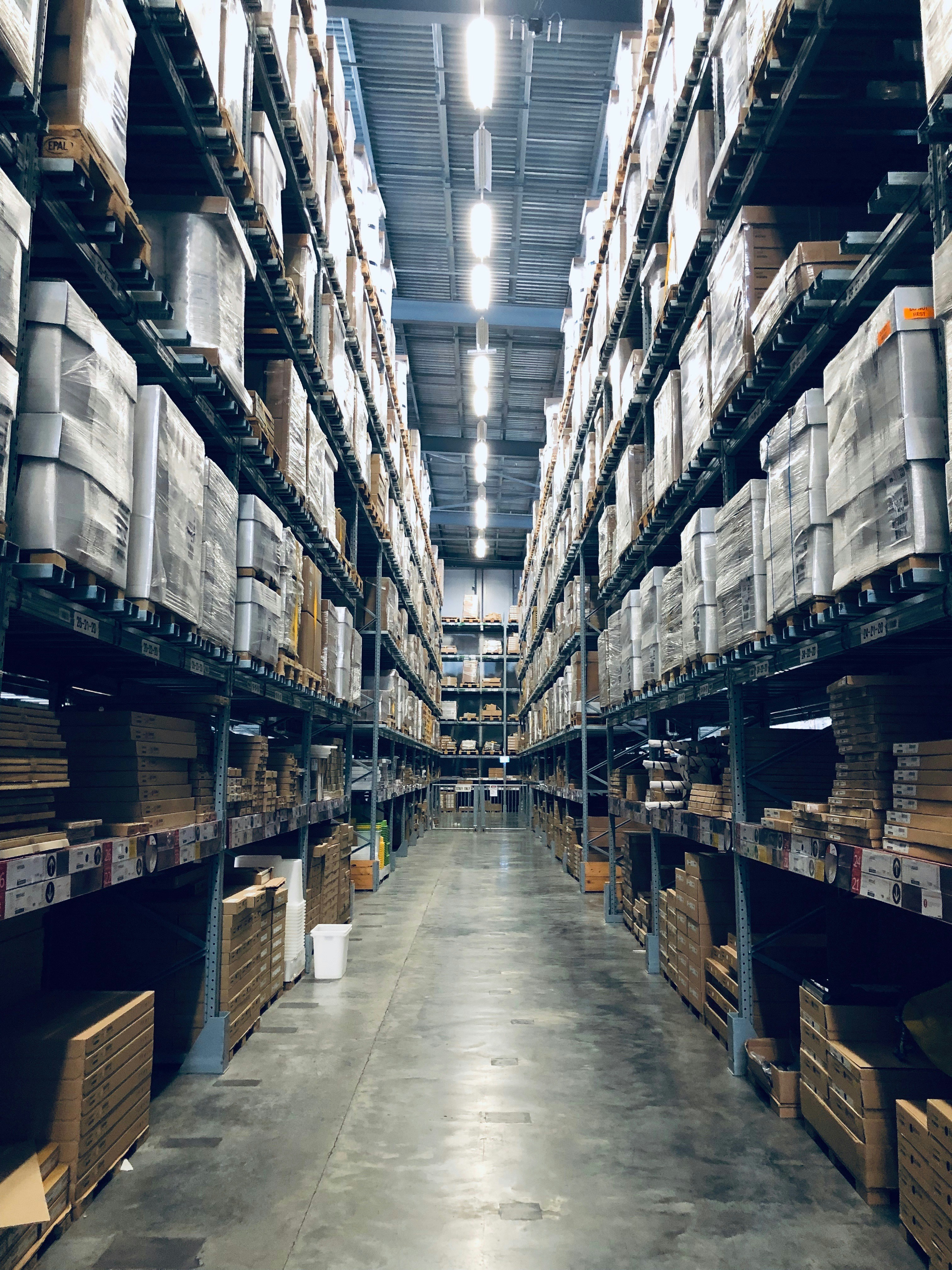 Warehouse interior with shelving and organized inventory
